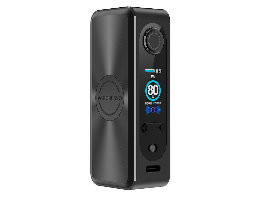 Das Bedienfeld des Vaporesso Gen SE Akkuträgers, inklusive Feuertaste und Einstelltasten.
